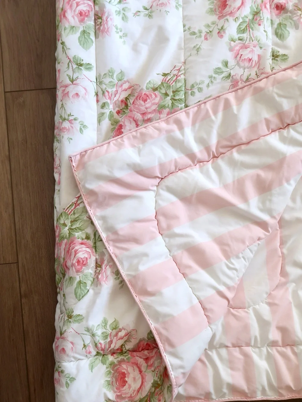 Vintage Laura Ashley Twin Comforter Pink Rose Floral Reversible Striped Cottage